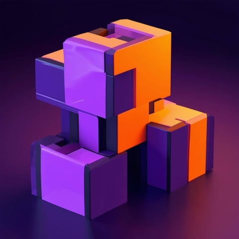 Represent a quiz like a building pieces, with tones purple, orange and black, transparent background-1