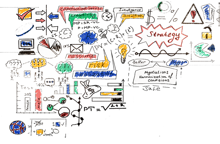 Business strategy plan over ladder leading to success