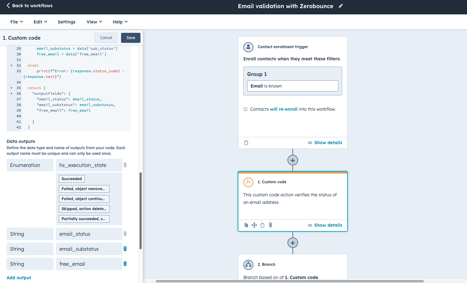 Email validation with ZeroBounce custom code action operations hub